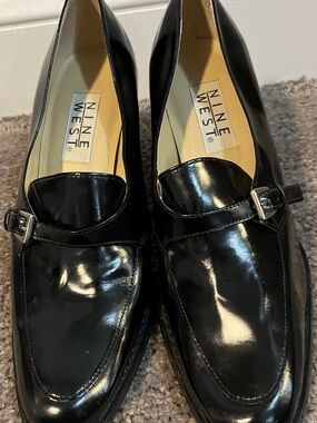 Nine West Black Glossy Patent Slip-On Loafers with Buckle size 8 1/2M.